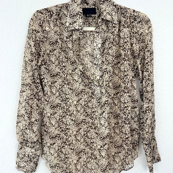 Nili Lotan Womens Colleen Blouse Top Size XS 100% Silk Leaf Print Sheer Brown - Picture 1 of 7
